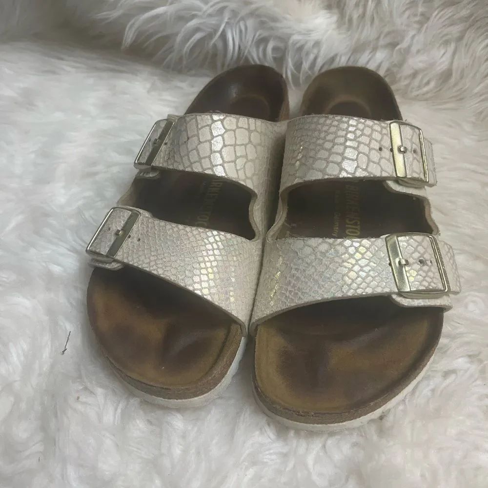 Birkenstock Arizona Iridescent Snake-Print Sandals - Pearl/White EUR SZ40